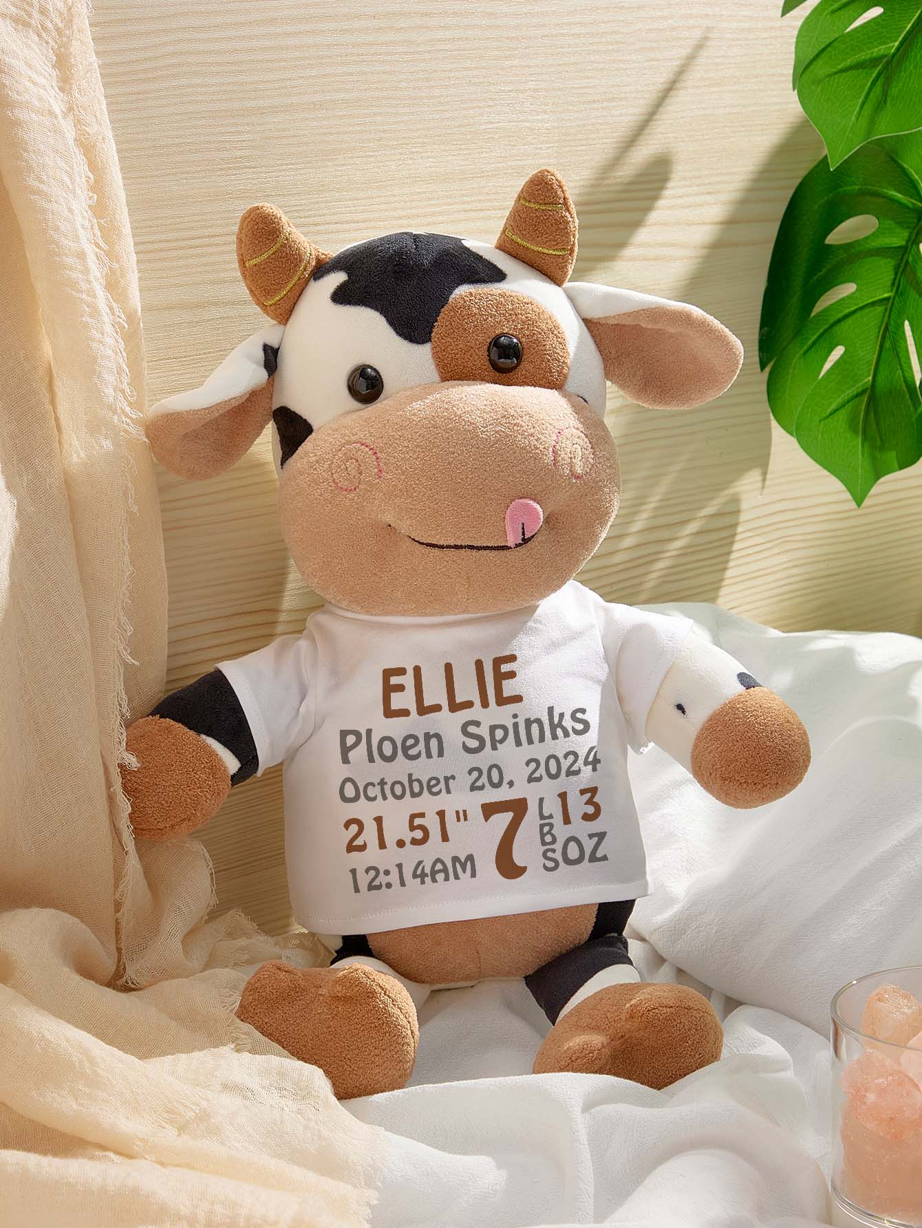Personalized Cow Plush Stuffed Toy Birth Announcement Gift for Baby Shower-Veria Gifts