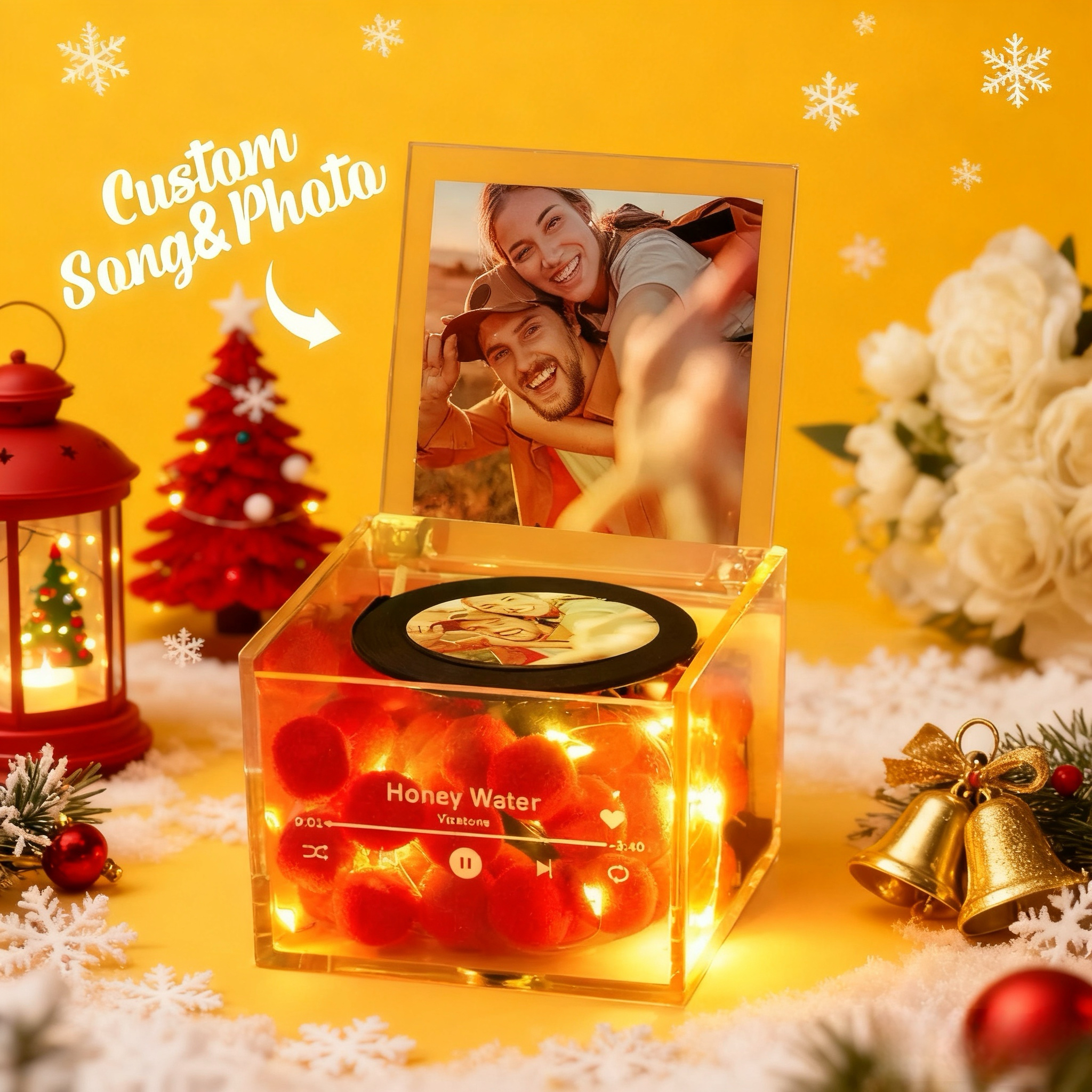 Custom Photo Mini Music Record Player with Light Personalized Music Acrylic Box-Veria Gifts