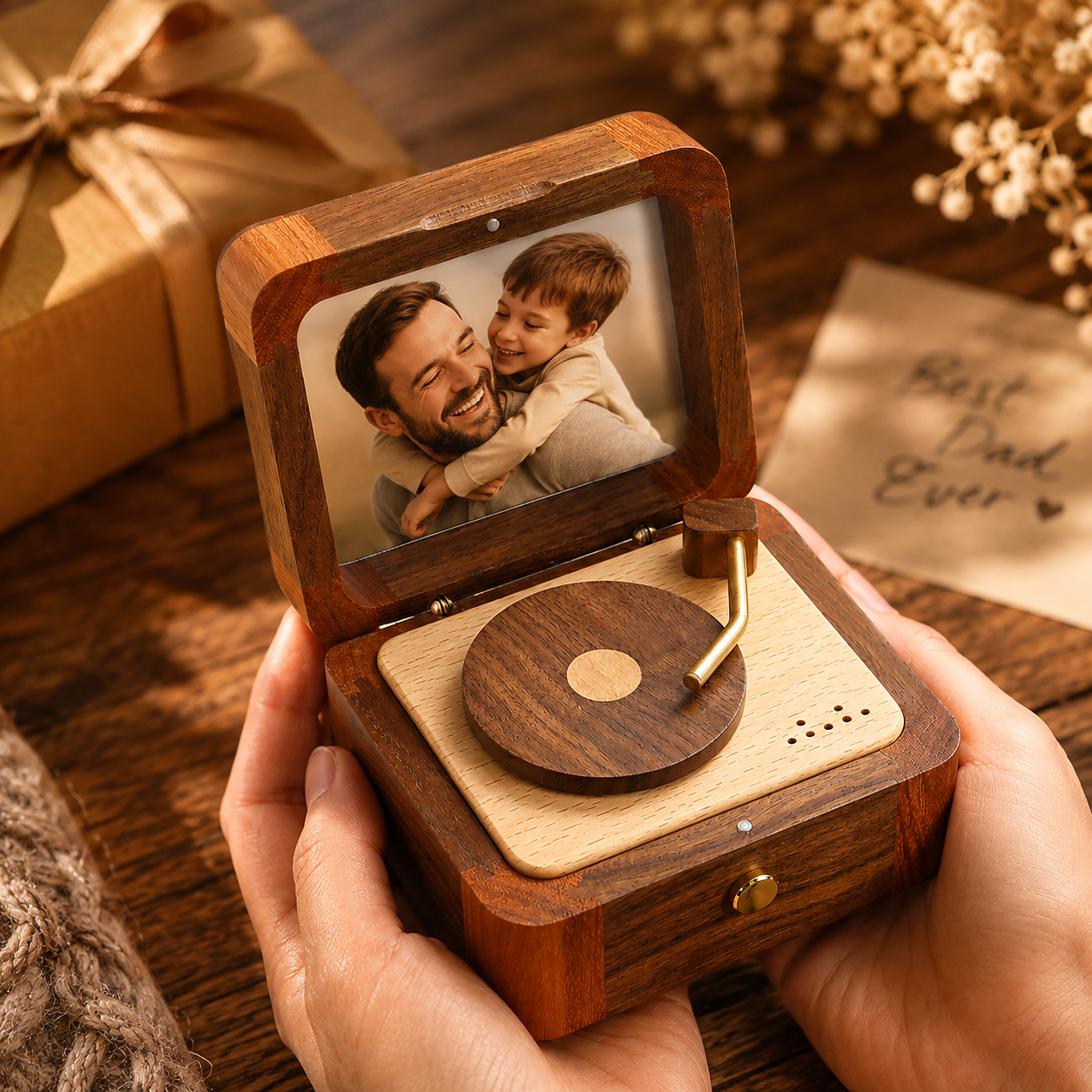 Personalized Halloween Photo Music Box, Custom Wooden Record Player Keepsake, Vintage Memory Gift for Dad, Husband & Him-Veria Gifts