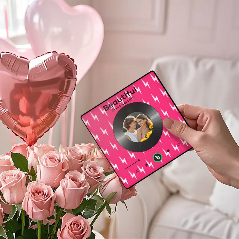 FridgeBeats Framed 4.0 Custom Photo Fridge Magnet with Pink Lightning Pattern Vinyl Cover Photo Music Player Fridge Magnet Valentines Gift-Veria Gifts