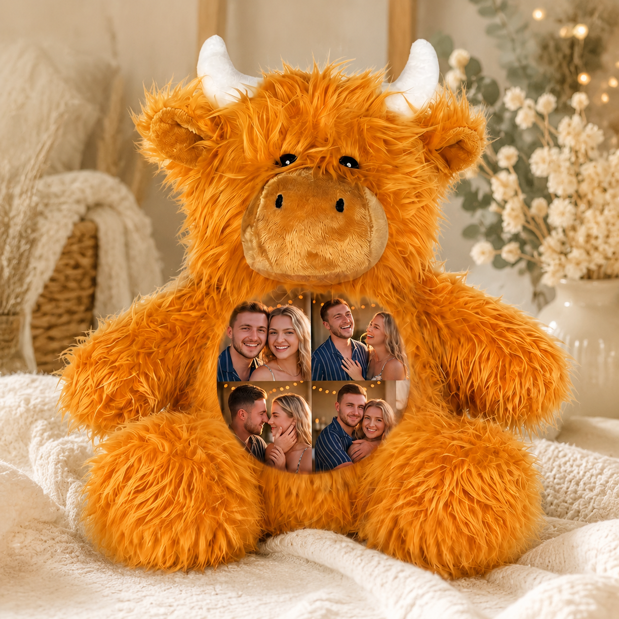 Custom Photo Highland Cow Plush, Personalized Picture Collage Stuffed Animal, Fluffy Highland Cow Plushie Memory Keepsake Gift for Couples-Veria Gifts