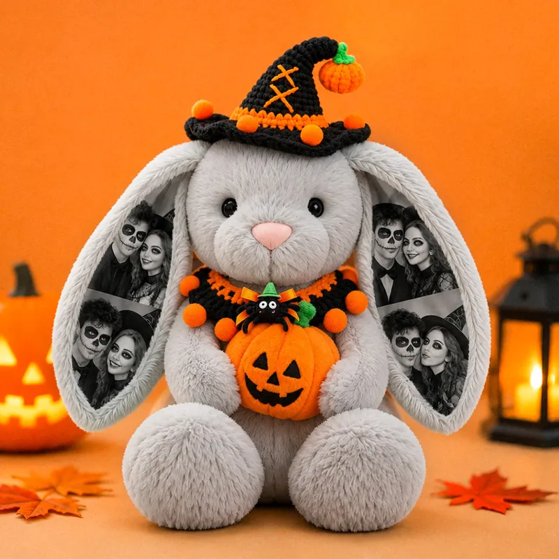 Custom Photo Deluxe Halloween Bunny Plush, Personalized Photo Ears Rabbit with Pumpkin, Witch Hat & Halloween Bib, Couple Gift-Veria Gifts