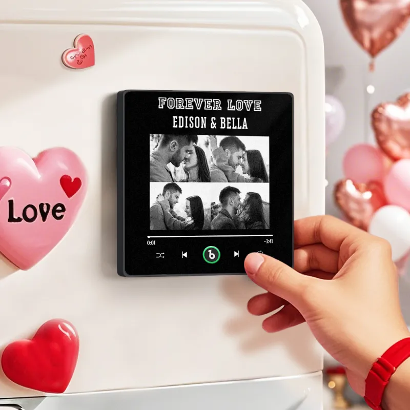 FridgeBeats Framed 4.0 Custom Names 4 Black & White Style Photos Music Fridge Magnet Personalized Song Magnet Valentines Gift for Couples-Veria Gifts
