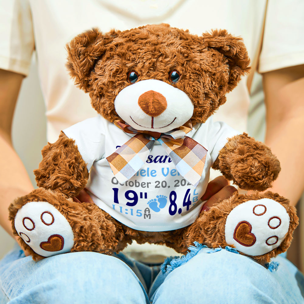 Personalized Bear Plush Stuffed Toy Birth Announcement Gift for Baby Shower-Veria Gifts