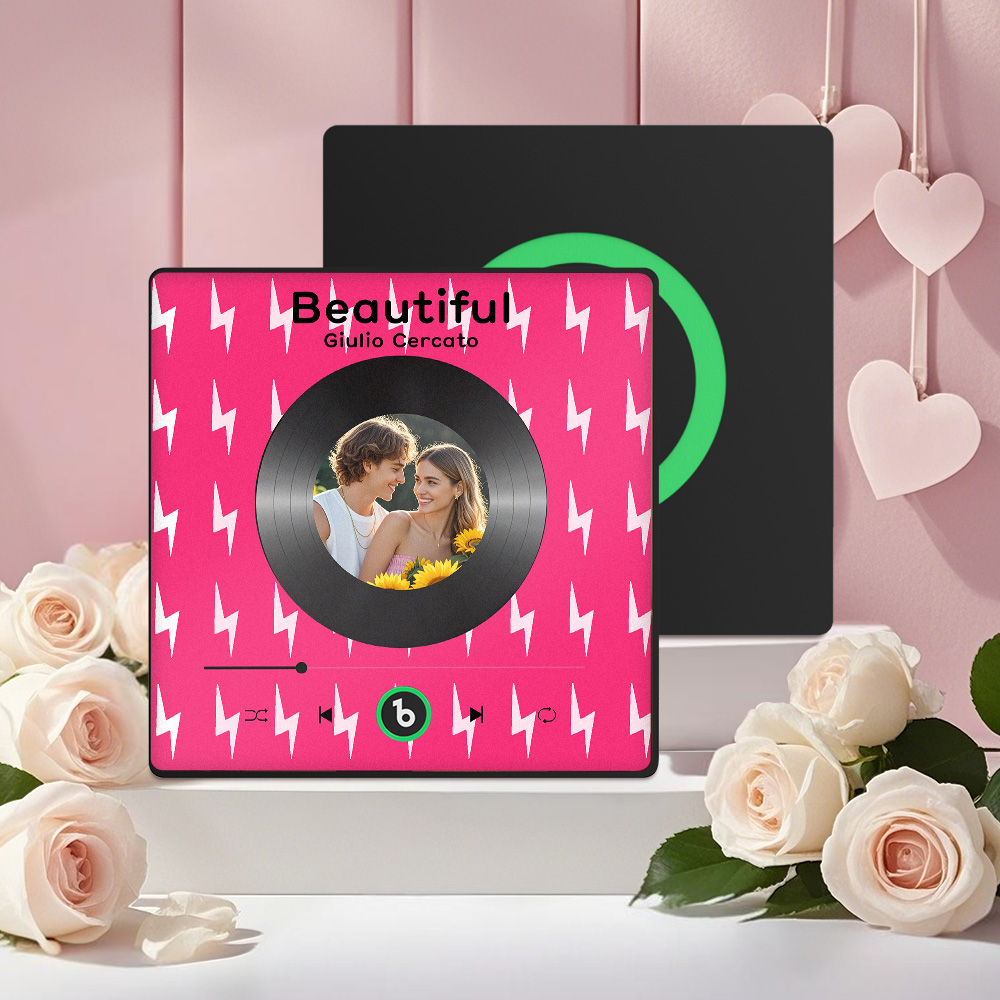 FridgeBeats Framed 4.0 Custom Photo Fridge Magnet with Pink Lightning Pattern Vinyl Cover Photo Music Player Fridge Magnet Valentines Gift-Veria Gifts