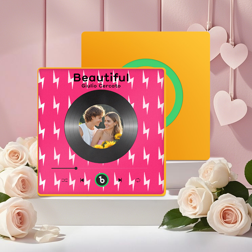FridgeBeats Framed 4.0 Custom Photo Fridge Magnet with Pink Lightning Pattern Vinyl Cover Photo Music Player Fridge Magnet Valentines Gift-Veria Gifts