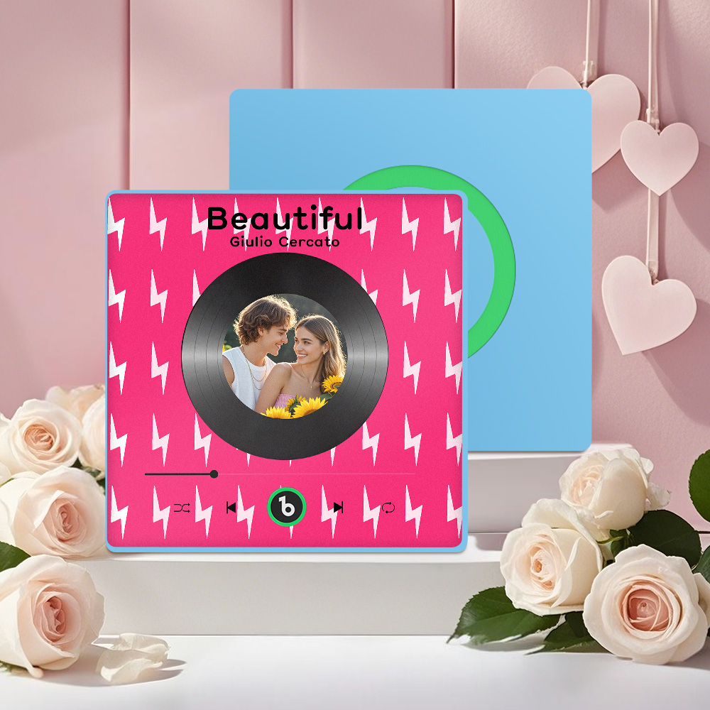 FridgeBeats Framed 4.0 Custom Photo Fridge Magnet with Pink Lightning Pattern Vinyl Cover Photo Music Player Fridge Magnet Valentines Gift-Veria Gifts