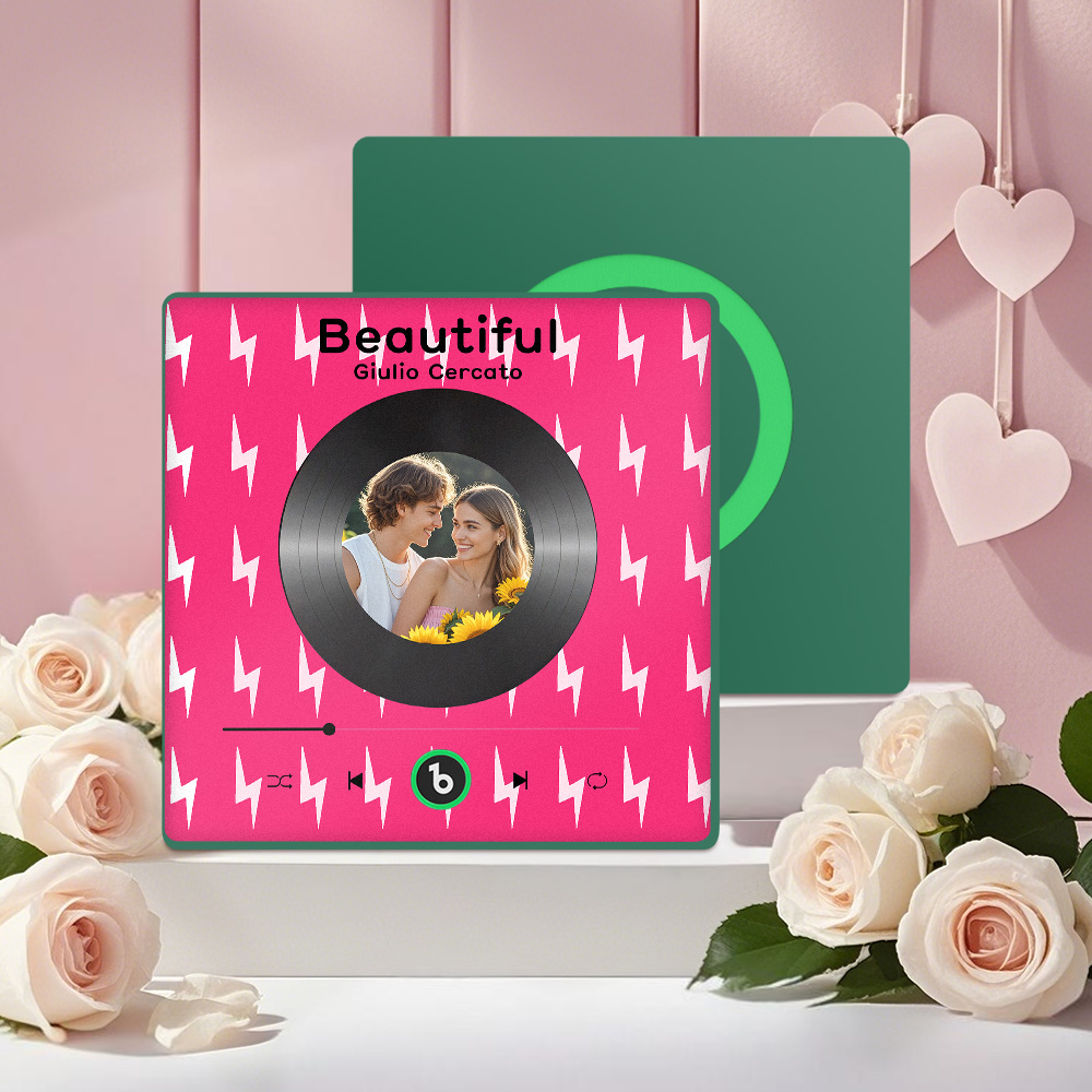 FridgeBeats Framed 4.0 Custom Photo Fridge Magnet with Pink Lightning Pattern Vinyl Cover Photo Music Player Fridge Magnet Valentines Gift-Veria Gifts