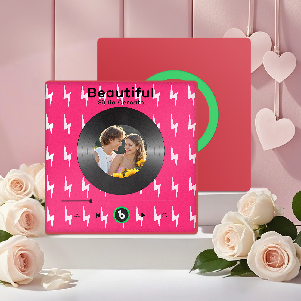 FridgeBeats Framed 4.0 Custom Photo Fridge Magnet with Pink Lightning Pattern Vinyl Cover Photo Music Player Fridge Magnet Valentines Gift-Veria Gifts