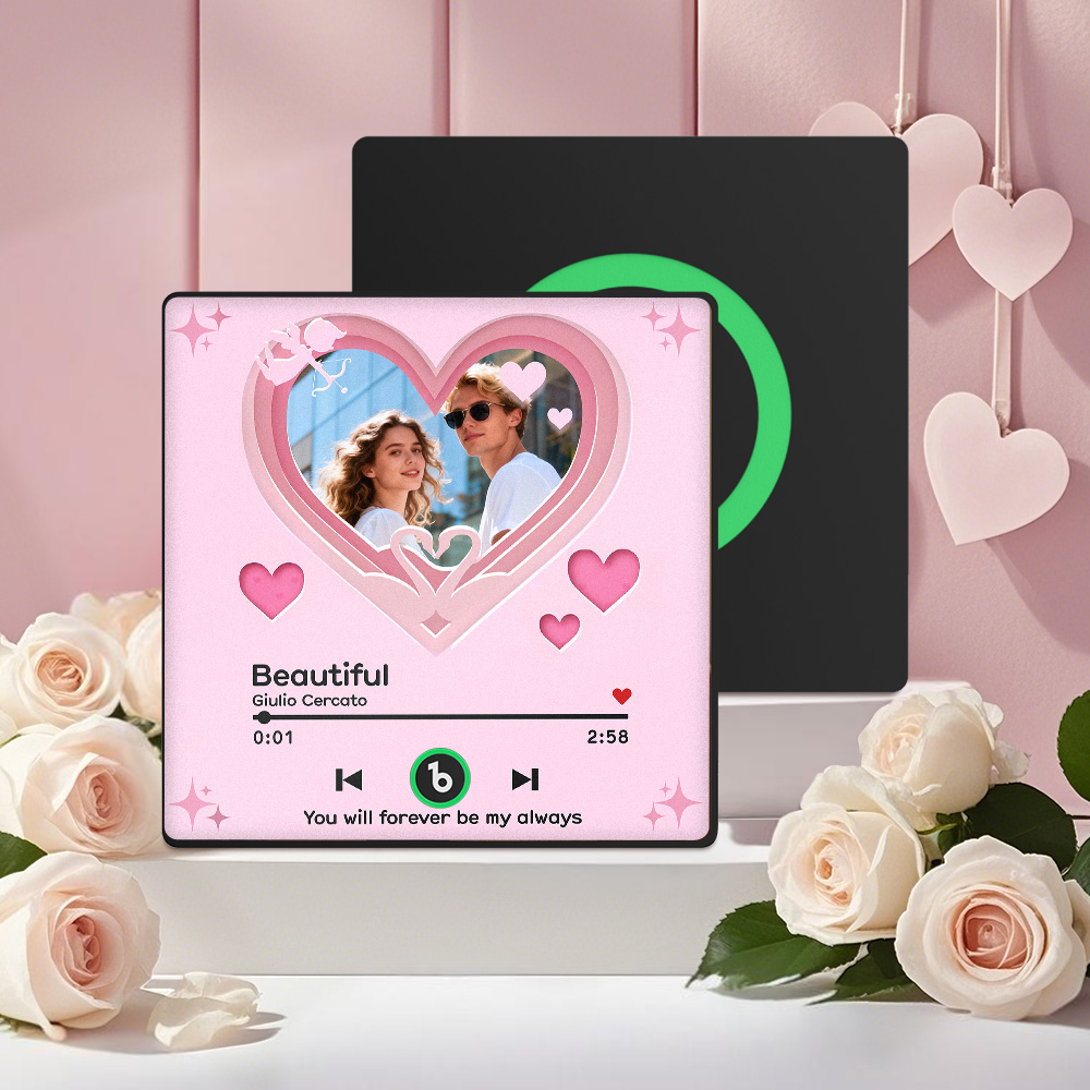 FridgeBeats Framed 4.0 Custom Music Fridge Magnet with Pink Hearts Personalized Photo Music Gift Best Valentines Gift for Couples-Veria Gifts