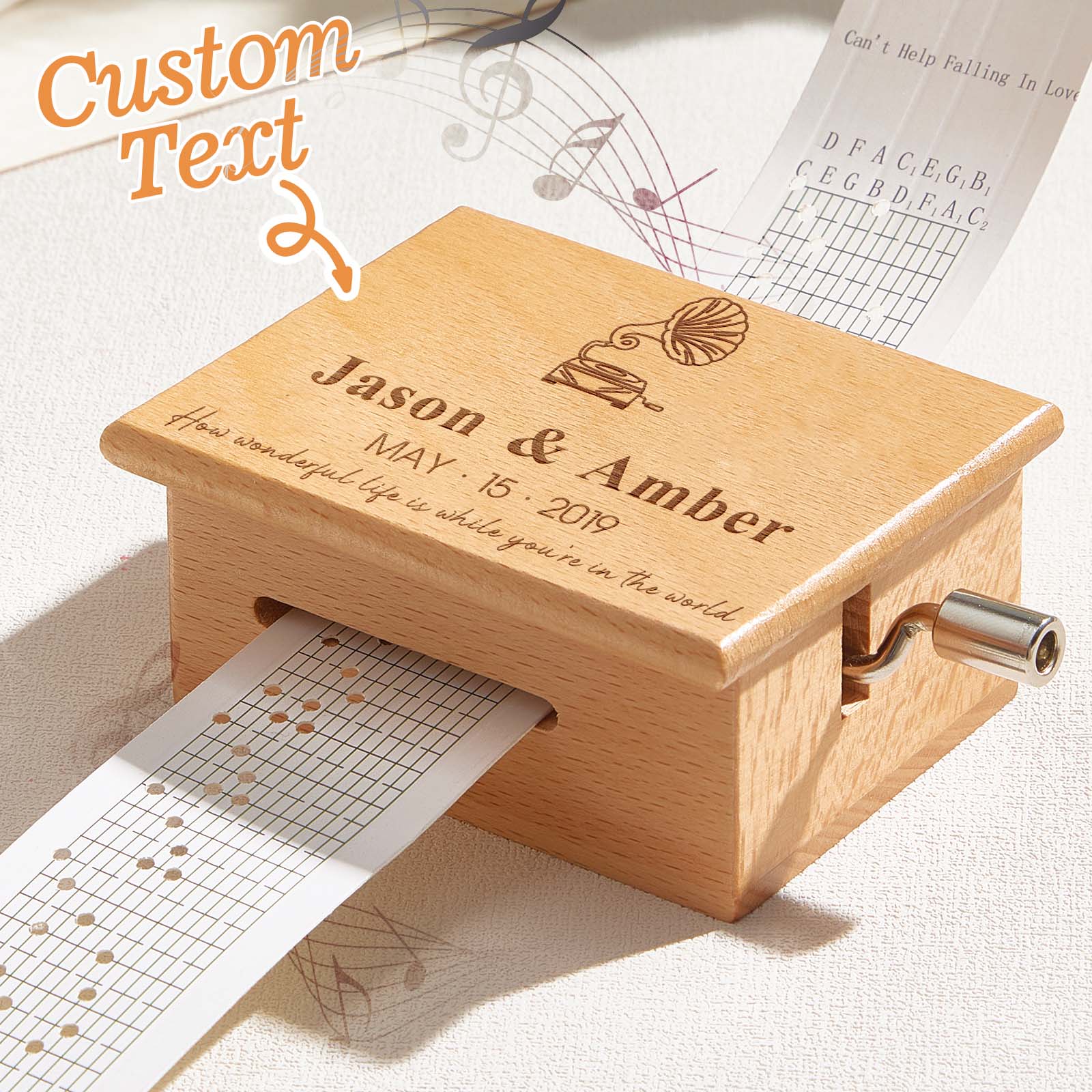 Custom Text Hand-Cranked Paper Strip Music Box – 15-Note Movement with 2 Pre-Printed Melodies (15 Seconds Each)-Veria Gifts
