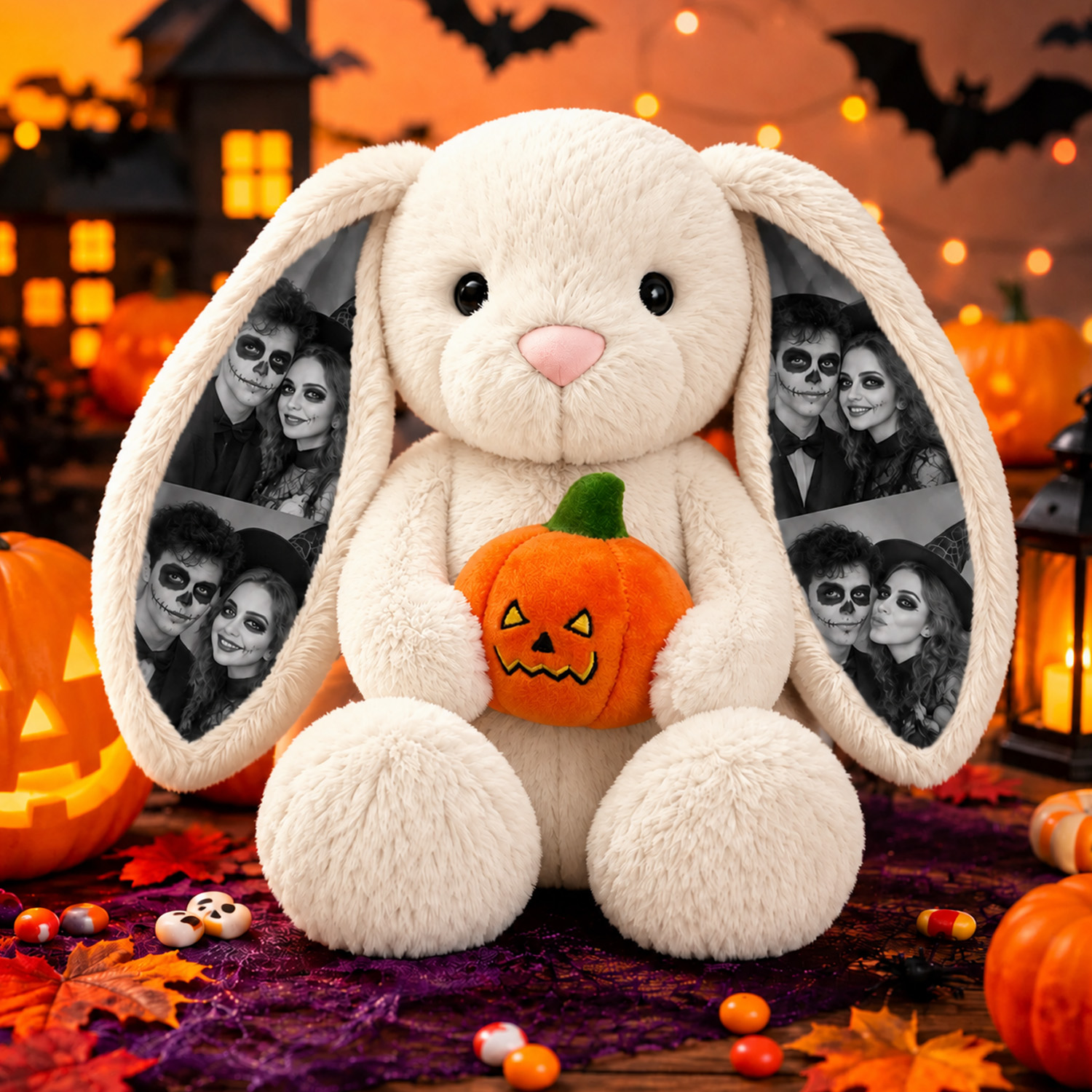 Custom Photo Halloween Bunny Plush, Personalized Picture Ears Rabbit Stuffed Toy with Pumpkin, Cute Couple Gift-Veria Gifts