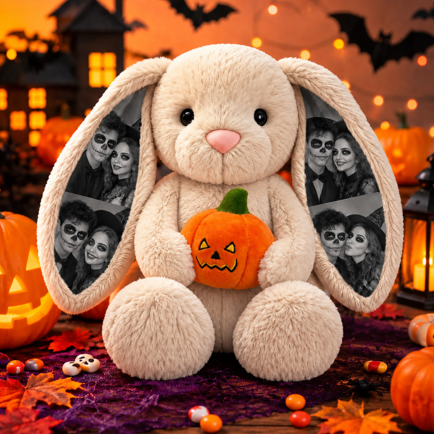 Custom Photo Halloween Bunny Plush, Personalized Picture Ears Rabbit Stuffed Toy with Pumpkin, Cute Couple Gift-Veria Gifts