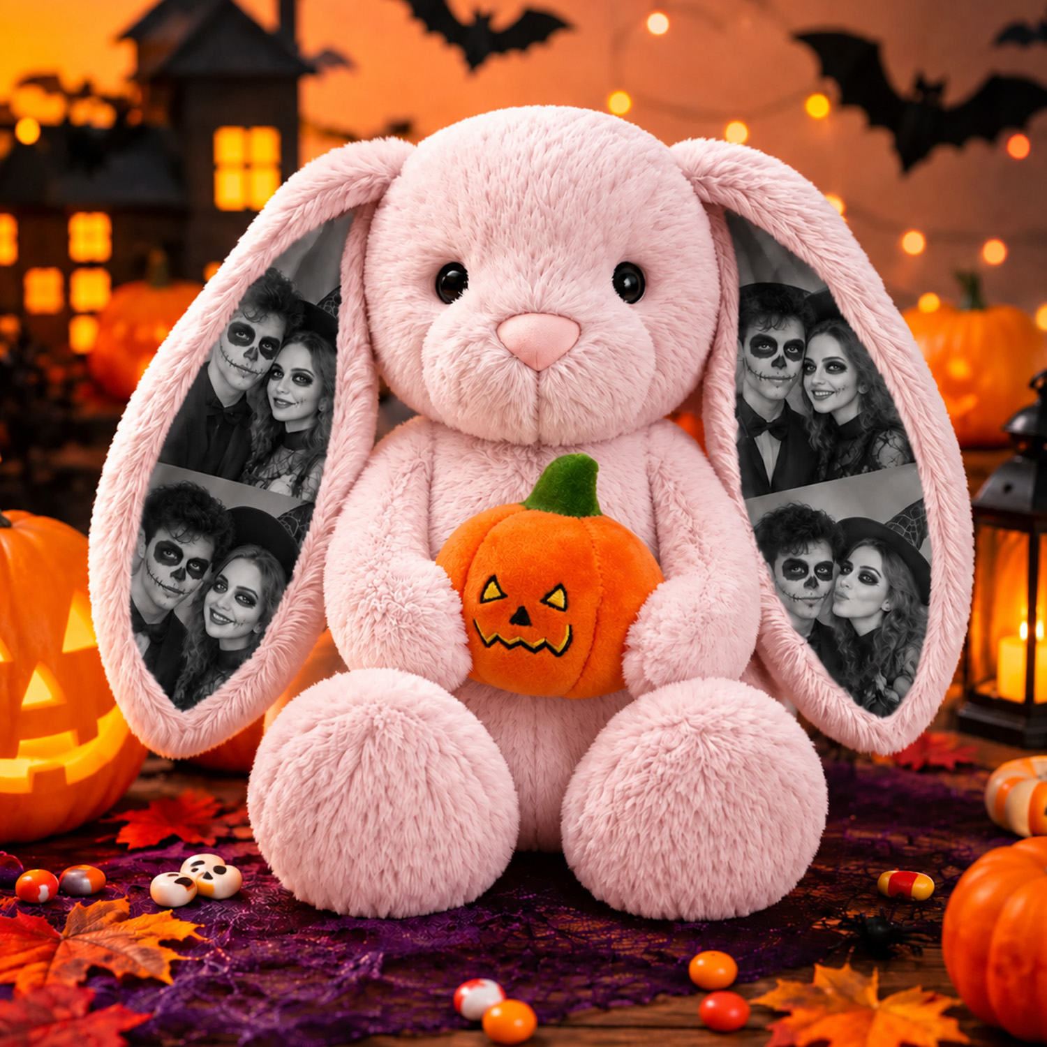 Custom Photo Halloween Bunny Plush, Personalized Picture Ears Rabbit Stuffed Toy with Pumpkin, Cute Couple Gift-Veria Gifts