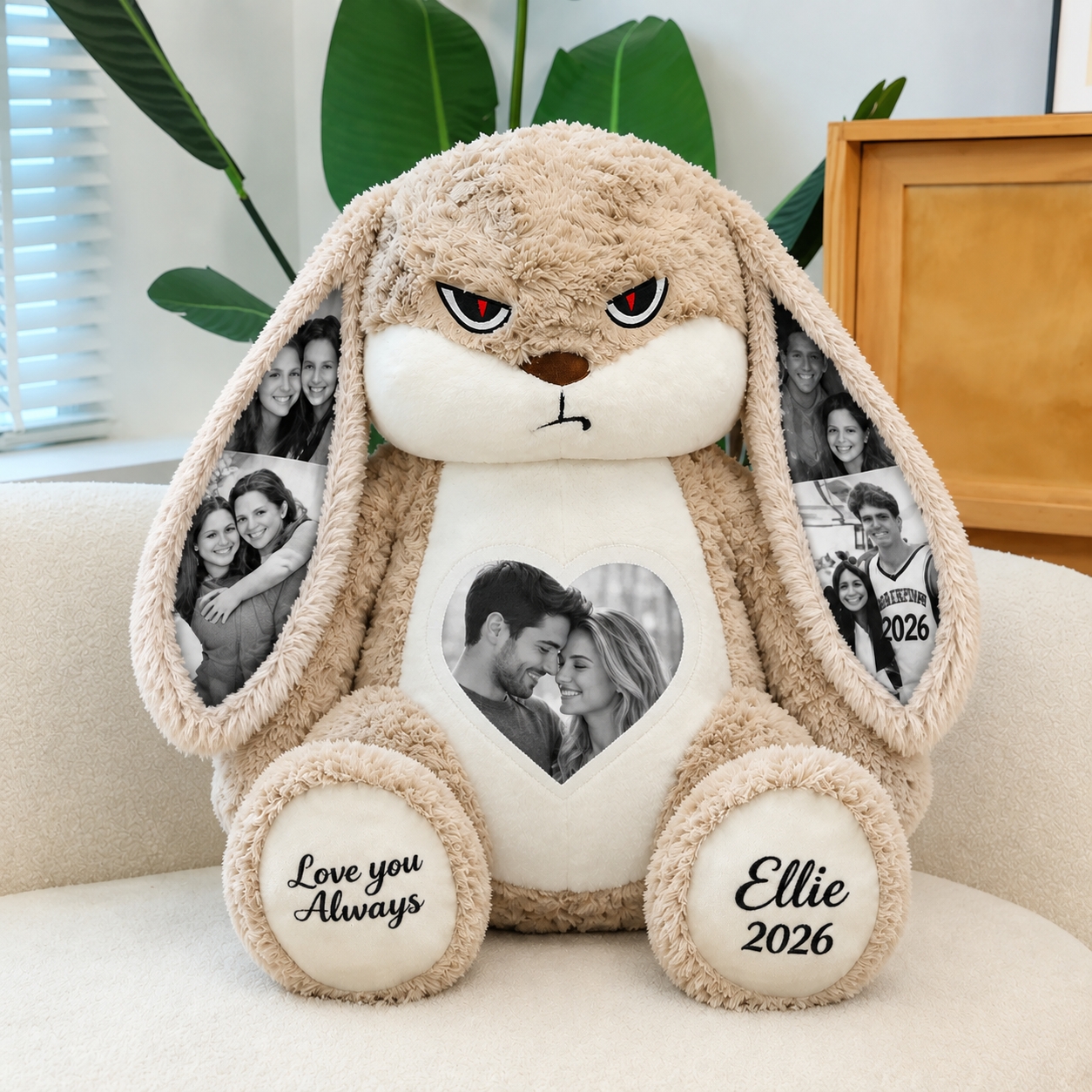 Personalized Grumpy Bunny Plush with Custom Photo Ears and Roses, Romantic Gift for Couples-Veria Gifts