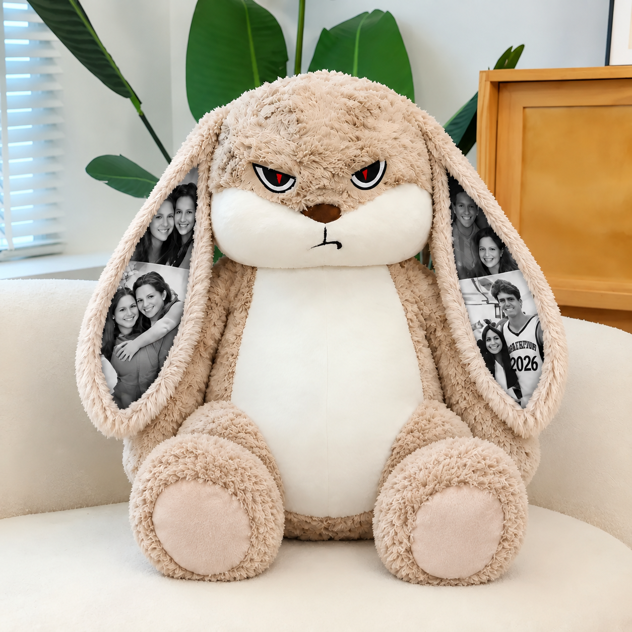 Personalized Grumpy Bunny Plush with Custom Photo Ears and Roses, Romantic Gift for Couples-Veria Gifts
