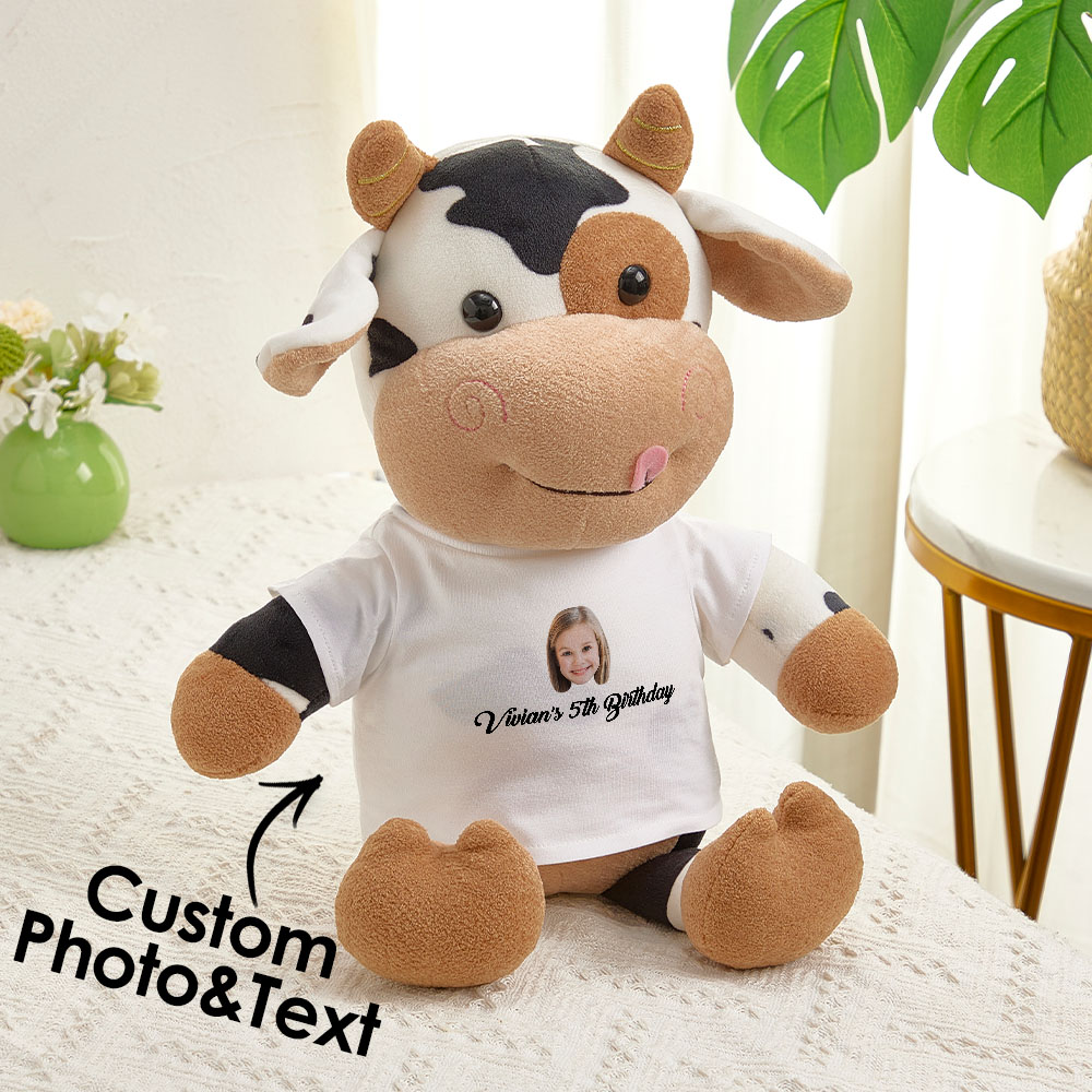 Personalized Cow Plush Stuffed Toy with Custom Text and Face Gift for Kids-Veria Gifts