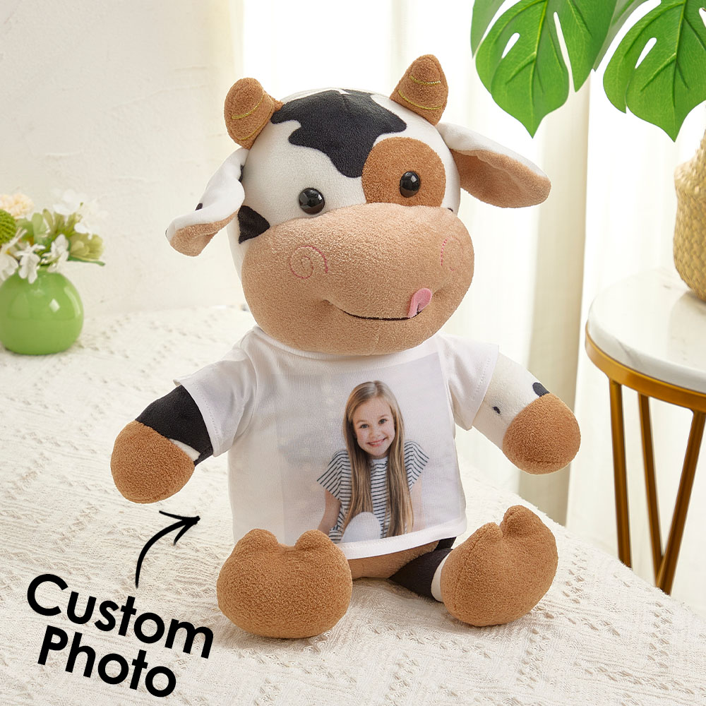 Personalized Cow Plush Stuffed Toy with Photo Gift for Kids-Veria Gifts