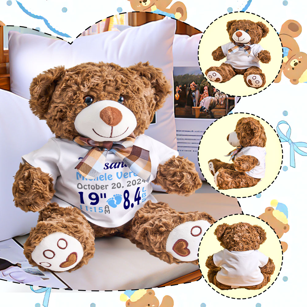 Personalized Bear Plush Stuffed Toy Birth Announcement Gift for Baby Shower-Veria Gifts