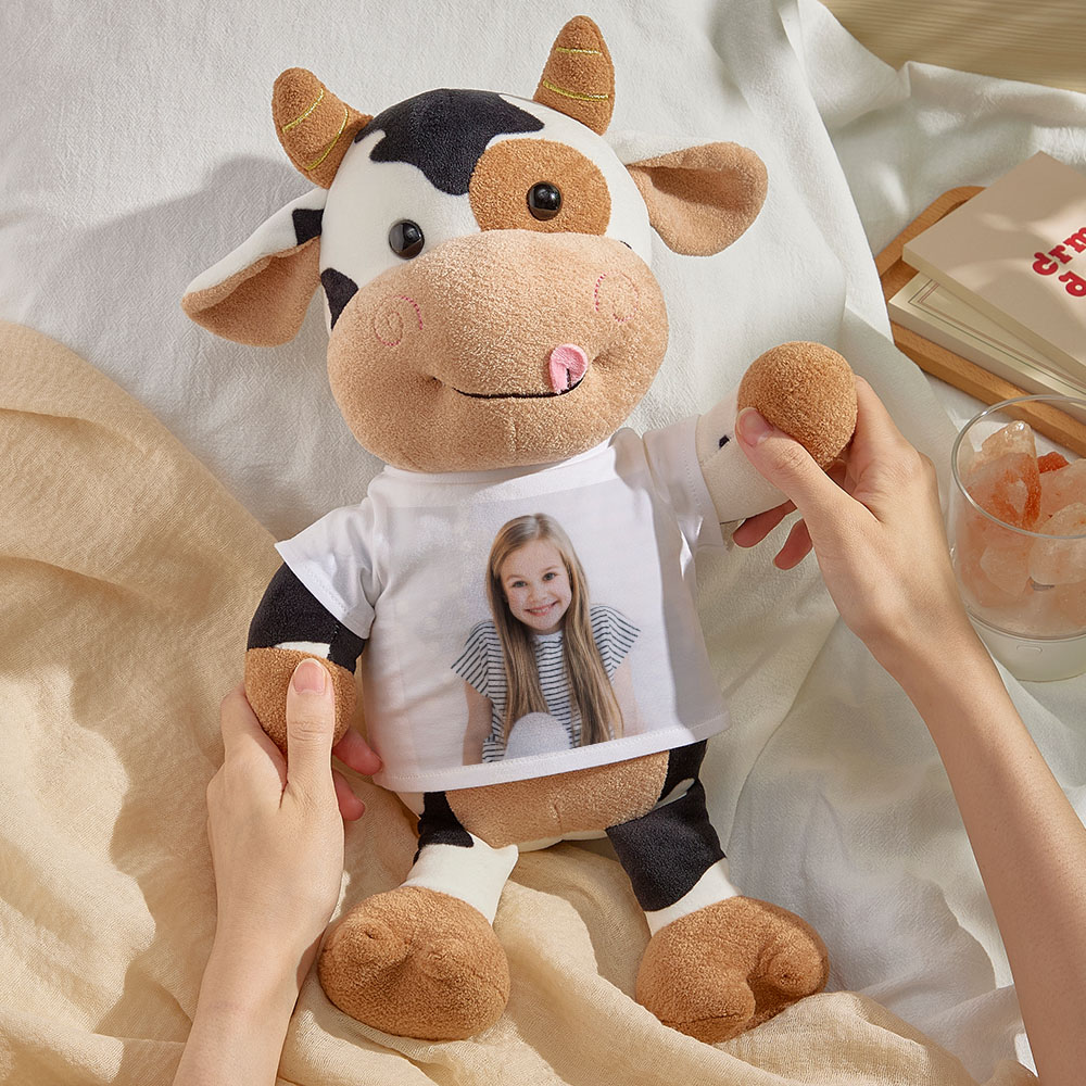 Personalized Cow Plush Stuffed Toy with Photo Gift for Kids-Veria Gifts
