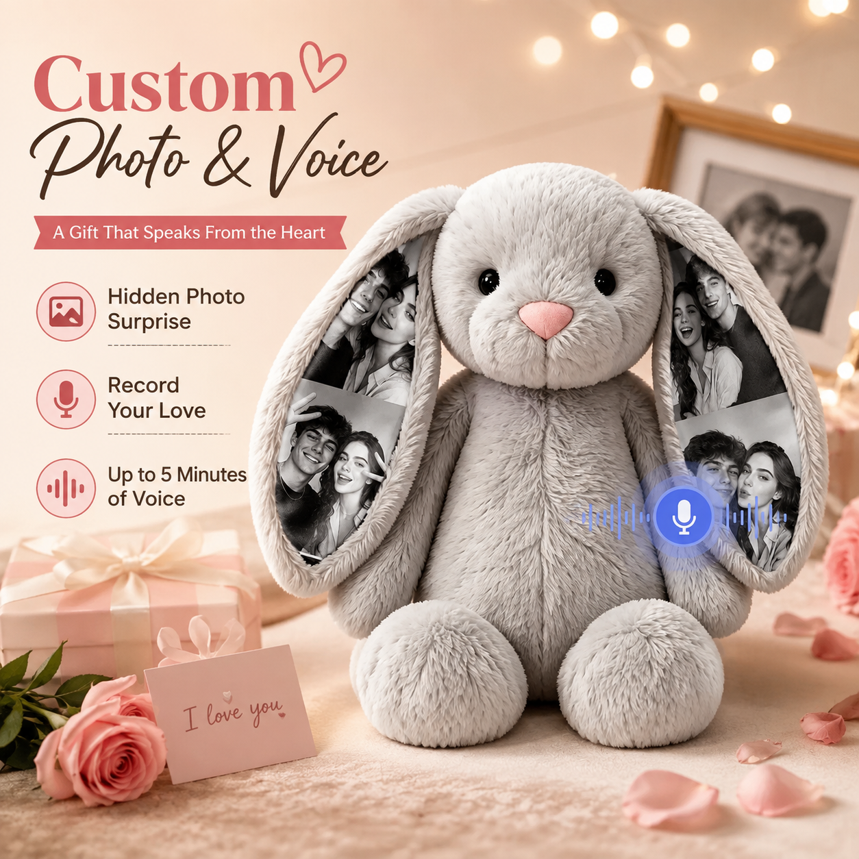 Personalized Voice Recording Bunny Plush with Hidden Photo Ears Anniversary Gift-Veria Gifts