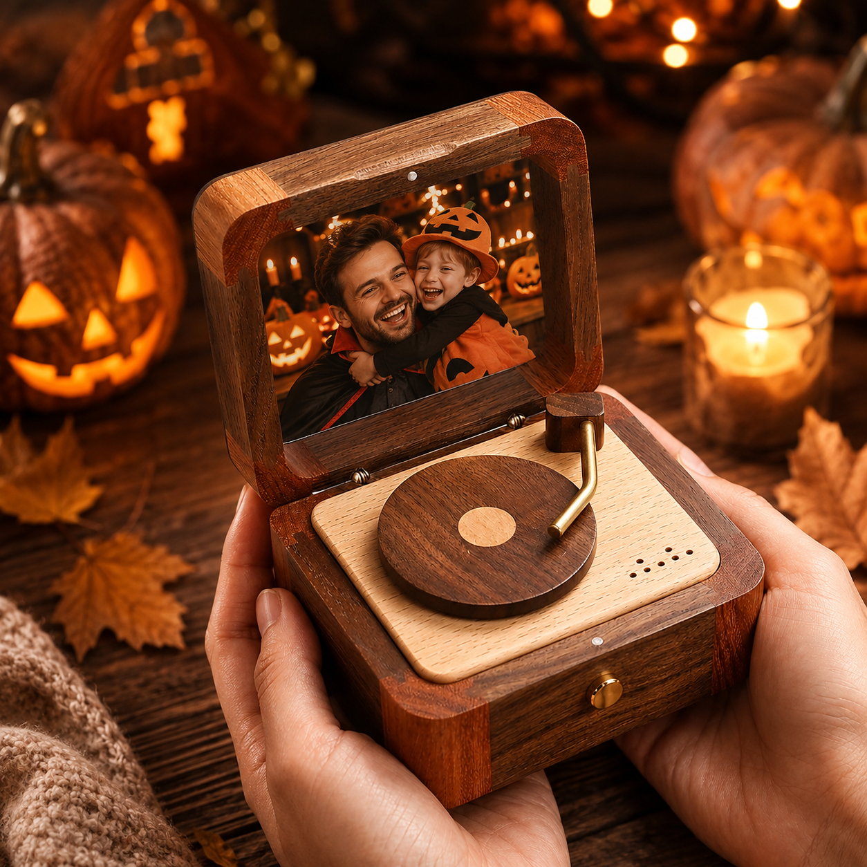 Personalized Halloween Photo Music Box, Custom Wooden Record Player Keepsake, Vintage Memory Gift for Dad, Husband & Him-Veria Gifts