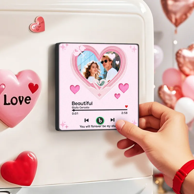 FridgeBeats Framed 4.0 Custom Music Fridge Magnet with Pink Hearts Personalized Photo Music Gift Best Valentines Gift for Couples-Veria Gifts