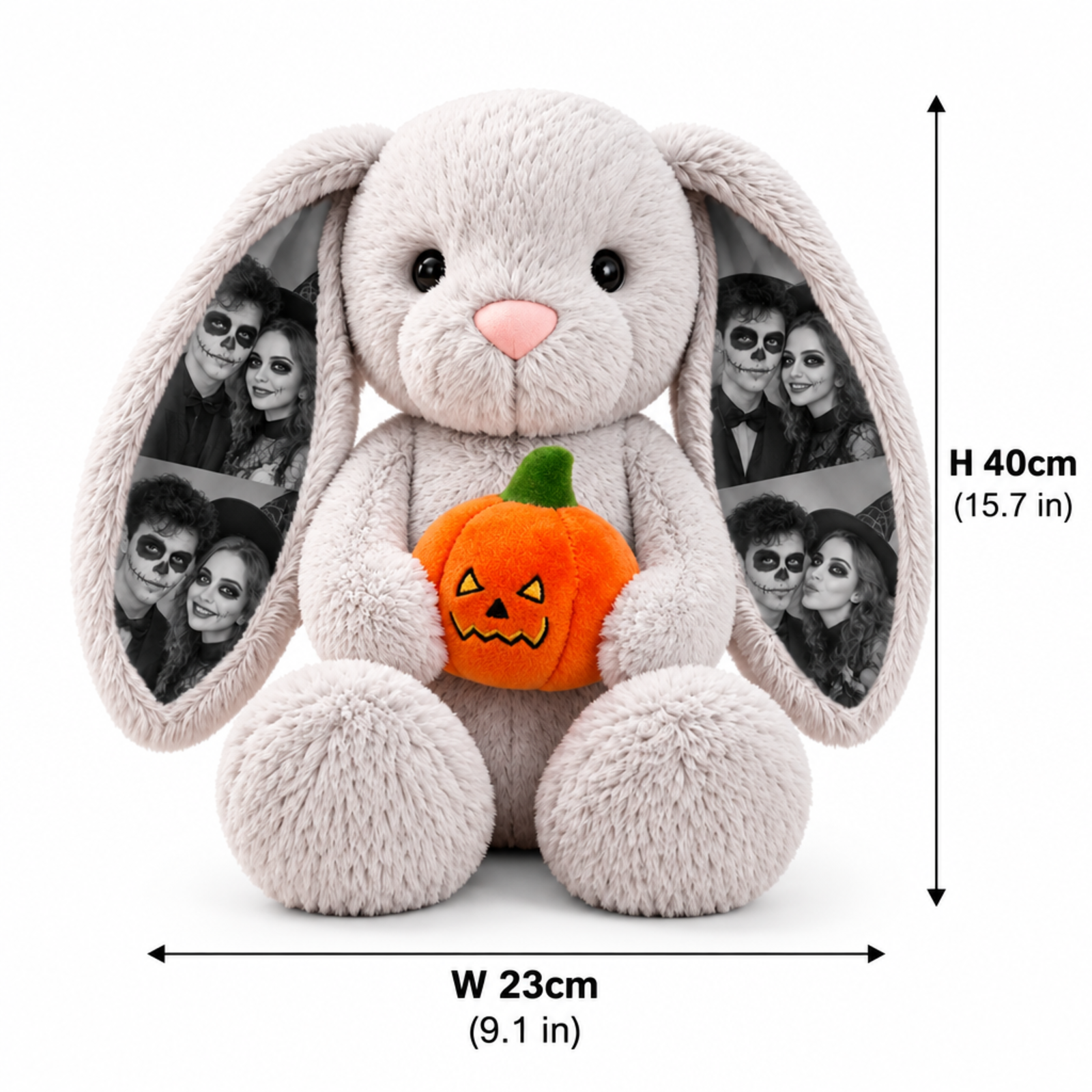 Custom Photo Deluxe Halloween Bunny Plush, Personalized Photo Ears Rabbit with Pumpkin, Witch Hat & Halloween Bib, Couple Gift-Veria Gifts