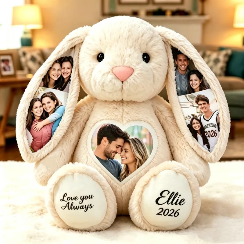 Custom Color Illustrations Photo Bunny Plush – Personalized Hidden Ear Picture Bunny Custom Text Anniversary Gift for Couples-Veria Gifts