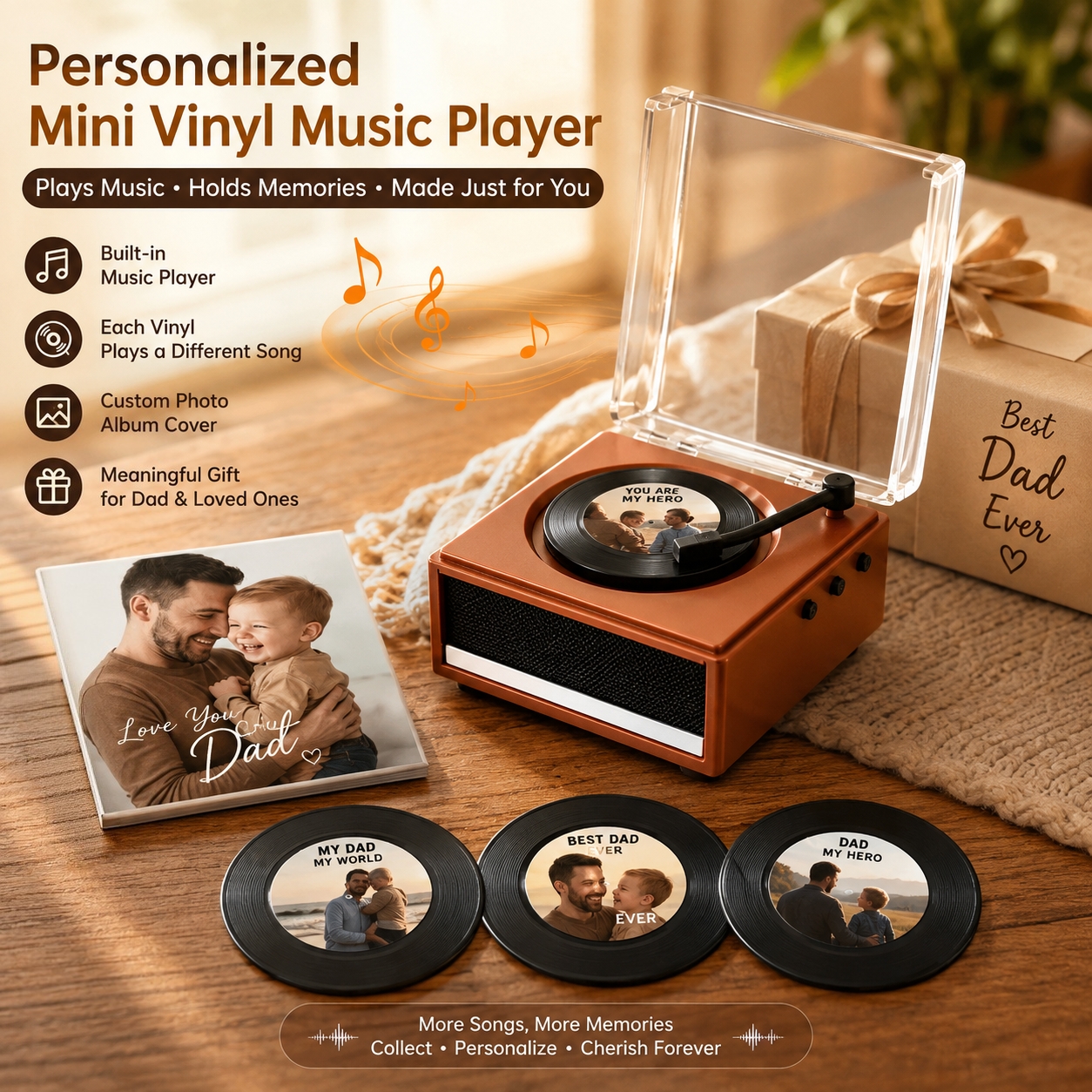 Personalized Mini Vinyl Music Player with Custom Photo, Plays Real Music, Custom Record & Album Cover Gift-Veria Gifts