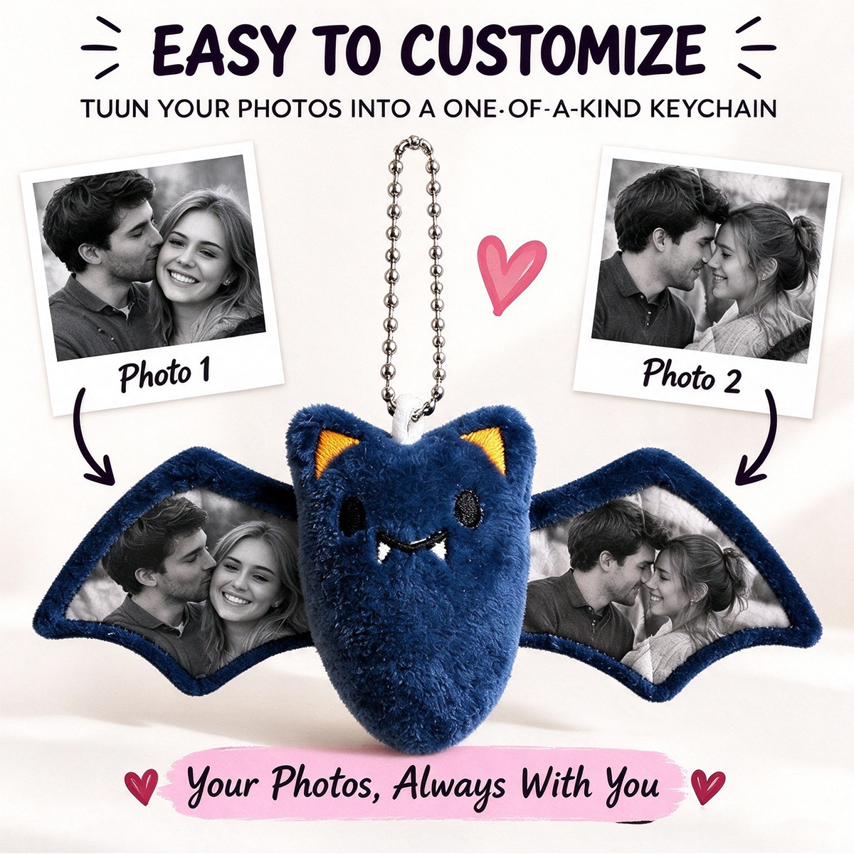 Personalized Photo Bat Plush Keychain Christmas Gift Custom Photo Bag Charm-Veria Gifts