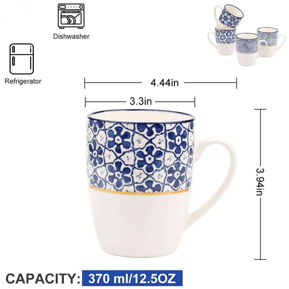 Set of 4 370ML/12.5OZ Coffee Mugs with Blue and White Patterns, Ceramic Tea Cup Set, Gift for Friends(2)-Four Lisle