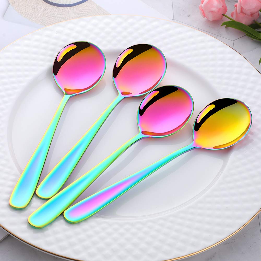 8-Piece 17.5 cm Stainless Steel Round Soup Spoons - Dinner & Table Spoons, Durable Metal Dessert Spoons, Sliverware Dishwasher Safe (Rainbow)-Four Lisle