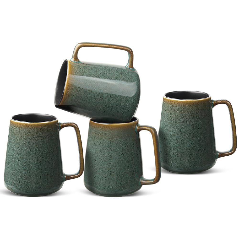 Large Coffee Mugs Set of 4, 700ml Ceramic Tea Cups with Large Handles, Extra Large Mugs for Coffee, Latte and Hot Chocolate, Green-Four Lisle