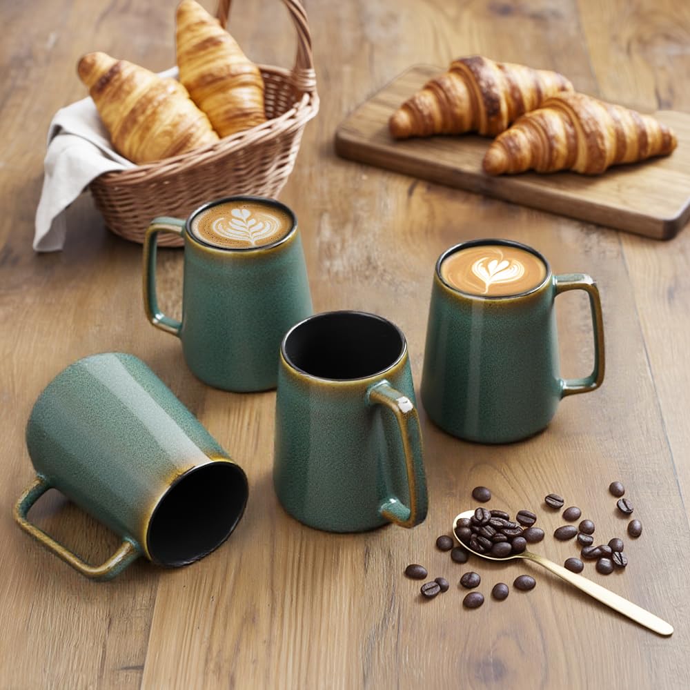 Large Coffee Mugs Set of 4, 700ml Ceramic Tea Cups with Large Handles, Extra Large Mugs for Coffee, Latte and Hot Chocolate, Green-Four Lisle