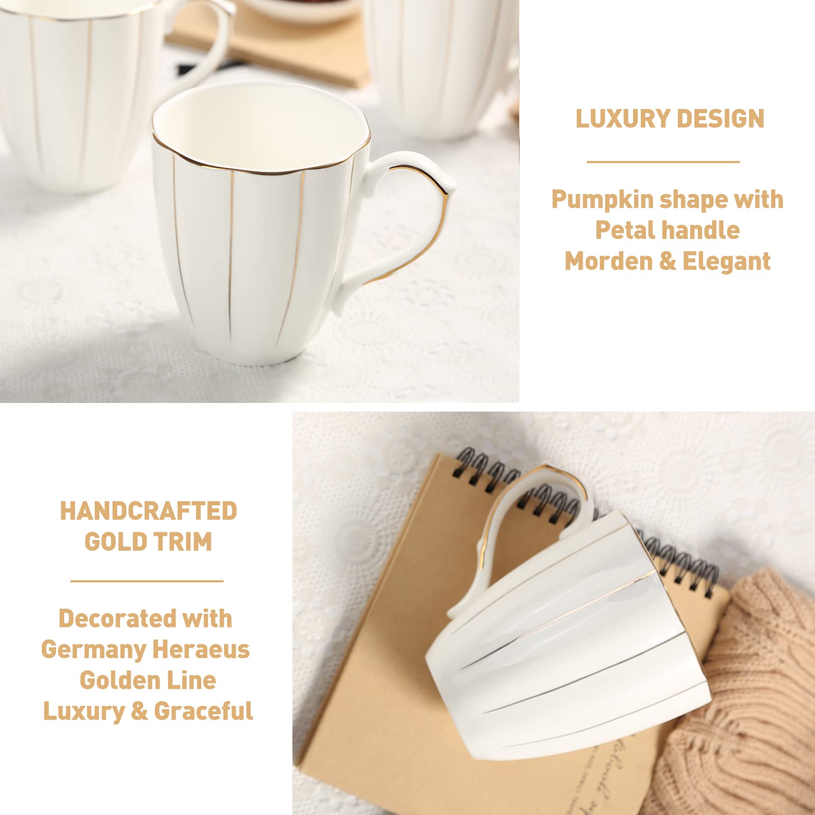 Coffee Mug Set of 4(400ml), Luxury British Design with Handcrafted Golden Trims, 1st-Class Bone-China White and Gold Cup Set for Coffee, Tea&Milk, Beautiful&Graceful Top Fine Porcelain Cups-Four Lisle