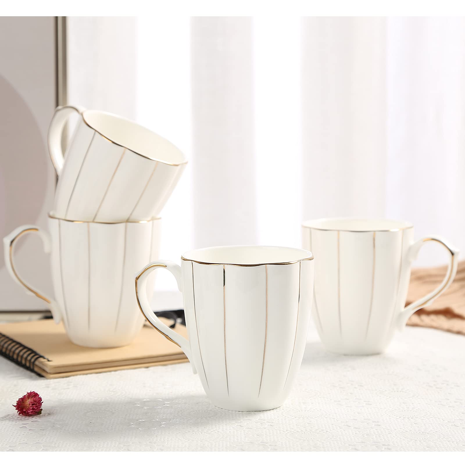 Coffee Mug Set of 4(400ml), Luxury British Design with Handcrafted Golden Trims, 1st-Class Bone-China White and Gold Cup Set for Coffee, Tea&Milk, Beautiful&Graceful Top Fine Porcelain Cups-Four Lisle