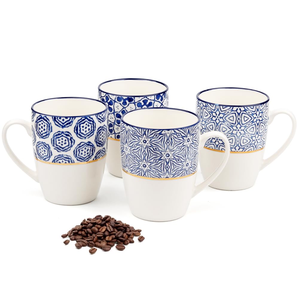 Set of 4 370ML/12.5OZ Coffee Mugs with Blue and White Patterns, Ceramic Tea Cup Set, Gift for Friends(2)-Four Lisle