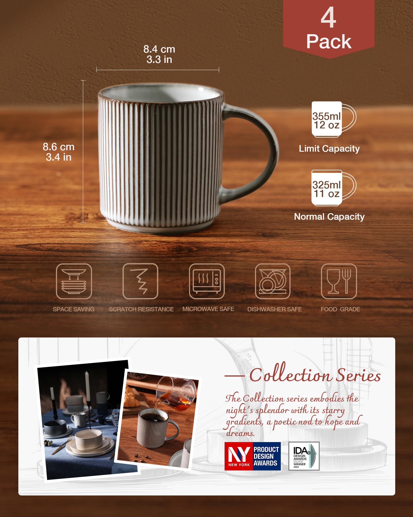 Star Coffee Mugs Set of 4, 12oz/340ml Stoneware Tea Cups with Large Handle for Latte/Cappuccino/Milk/Cocoa/Tea, Microwave & Dishwasher Safe, Smoky Blue-Four Lisle