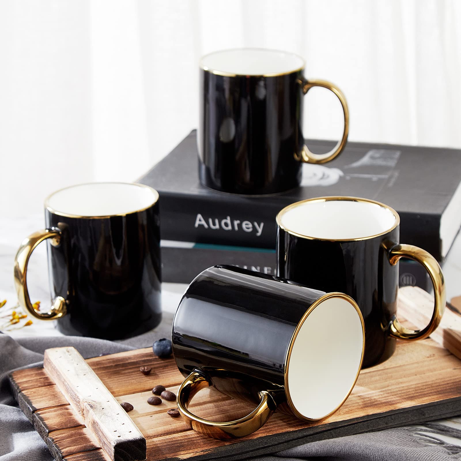 Black Coffee Mug Set of 4(16 oz/475 ml), Modern & Stylish Design with Handcrafted Golden Trims, Black and Gold Cup Set for Coffee/Tea/Milk, Beautiful & Graceful Top Fine Porcelain Cups-Four Lisle