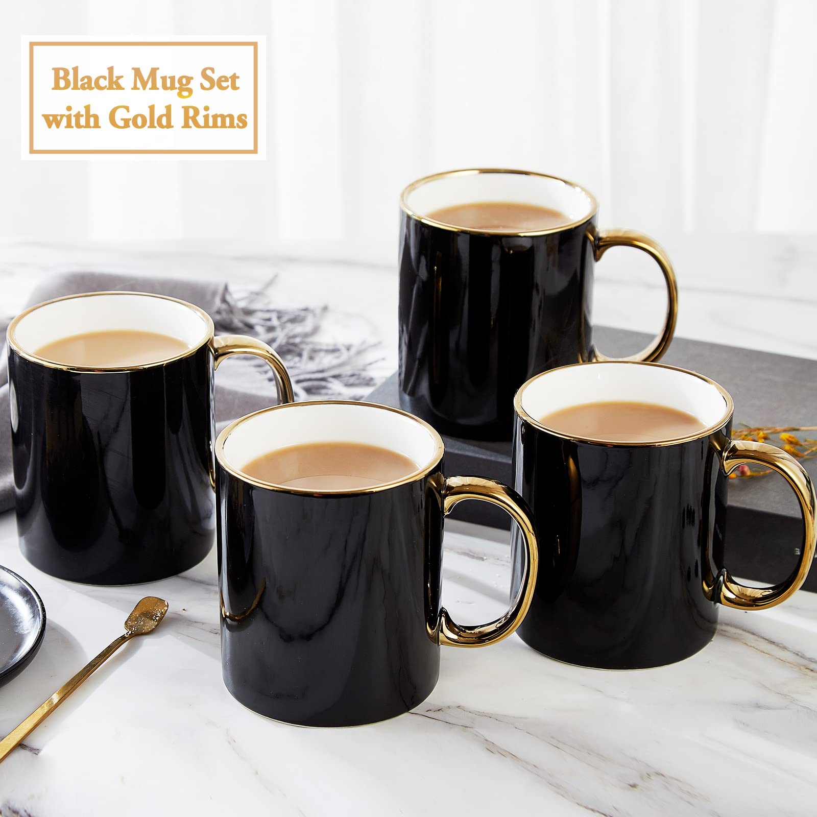 Black Coffee Mug Set of 4(16 oz/475 ml), Modern & Stylish Design with Handcrafted Golden Trims, Black and Gold Cup Set for Coffee/Tea/Milk, Beautiful & Graceful Top Fine Porcelain Cups-Four Lisle