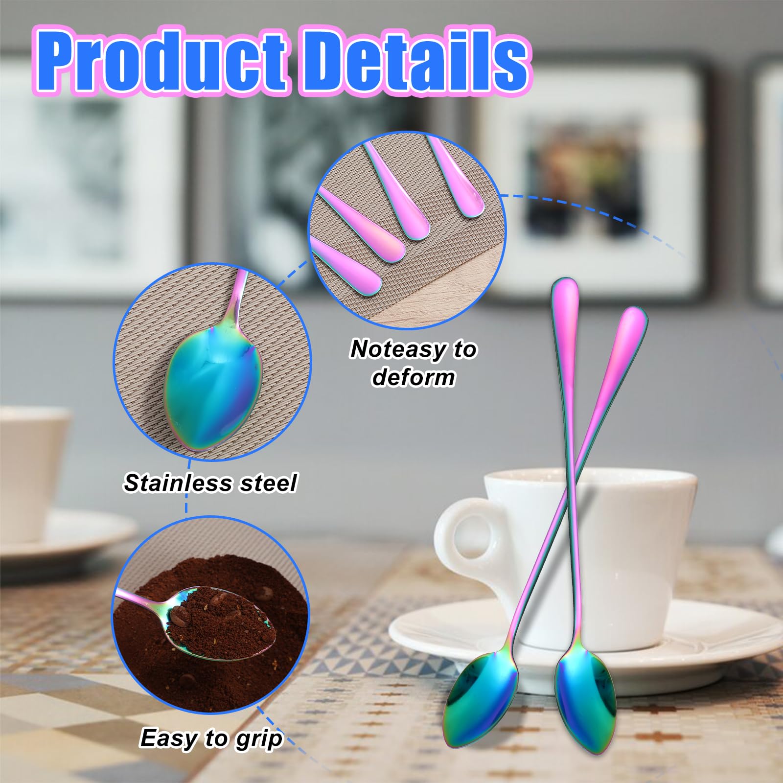 4 Pcs Sundae Spoons,Long Handle Tea Spoons Colorful,Stainless Latte Spoon for Coffee, Tea, Desserts, Ice Cream, and More - 7.48 Inches (Rainbow Color)-Four Lisle