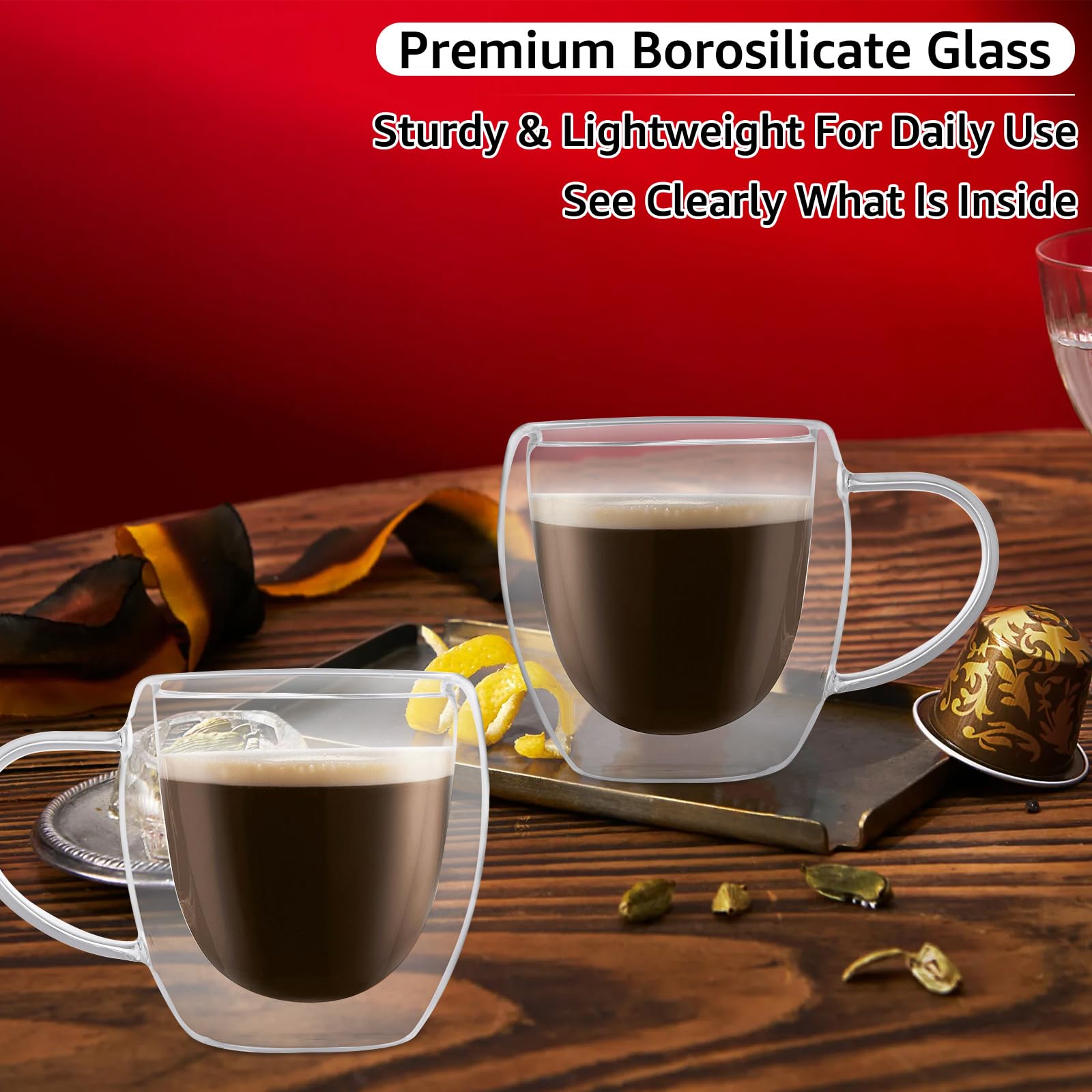 Latte Glasses Set of 6, Double Walled Glass Mugs, 250ml Coffee Cup-Four Lisle