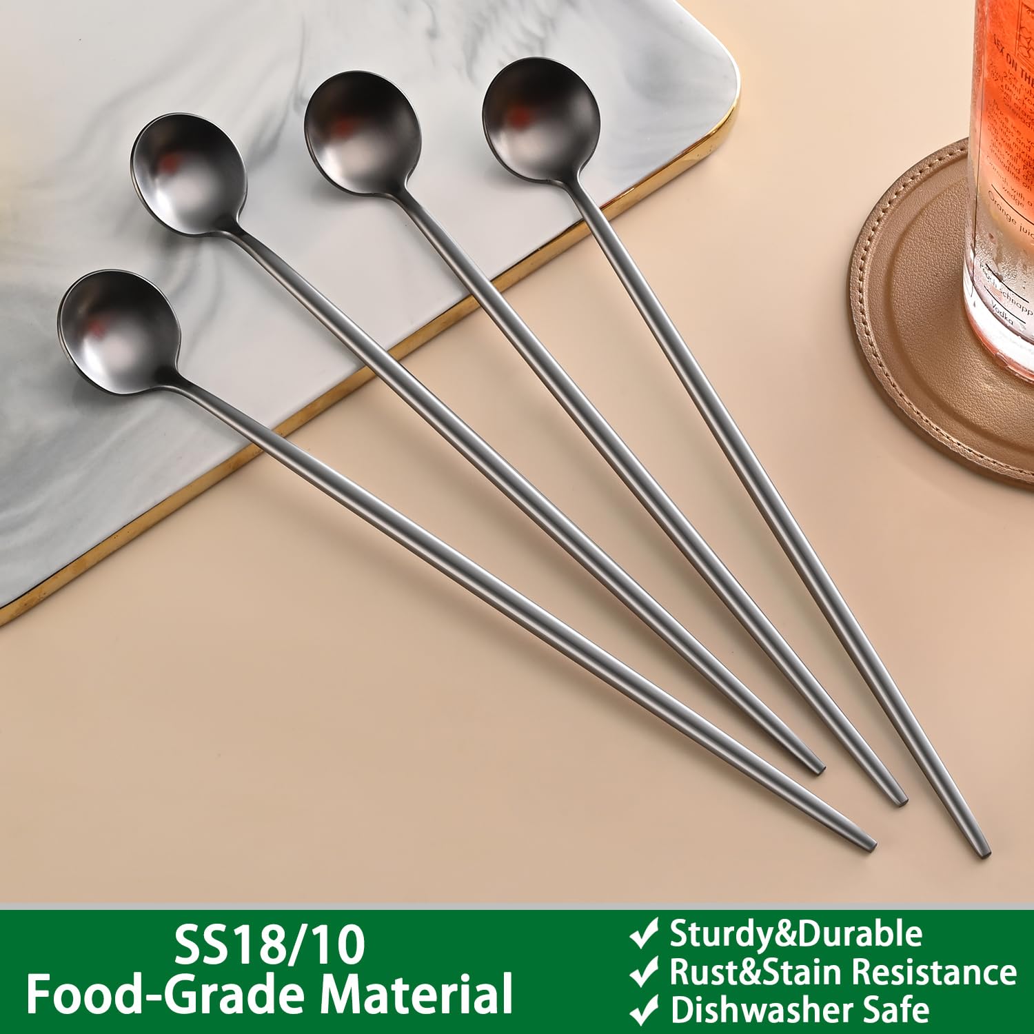Black 9 Inch Latte Spoons,Durable Long Cocktail Stirring Spoons;Long Handle Iced Teaspoons;Set of 4 Coffee Spoon,Sundae Ice Cream Spoons-Four Lisle