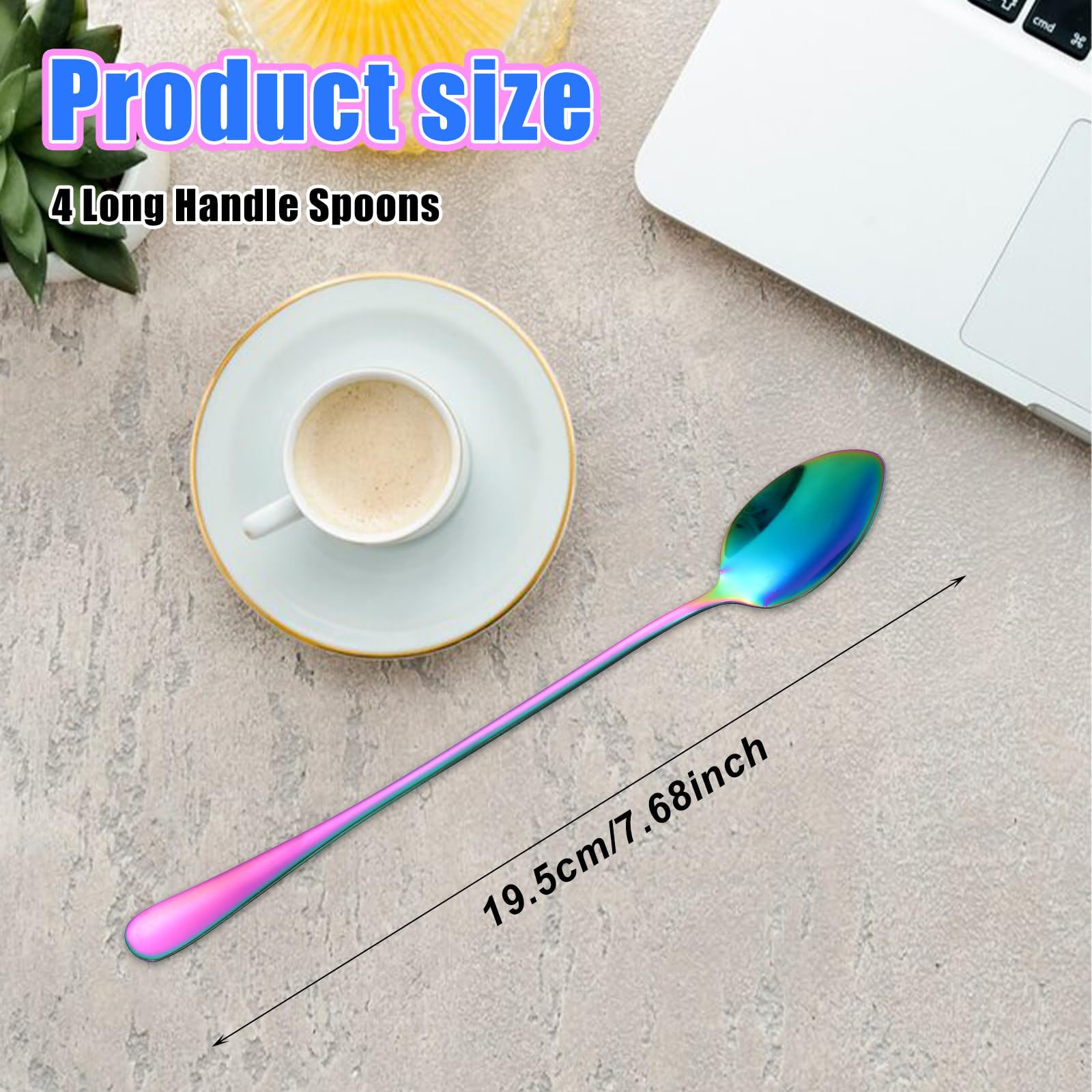 4 Pcs Sundae Spoons,Long Handle Tea Spoons Colorful,Stainless Latte Spoon for Coffee, Tea, Desserts, Ice Cream, and More - 7.48 Inches (Rainbow Color)-Four Lisle