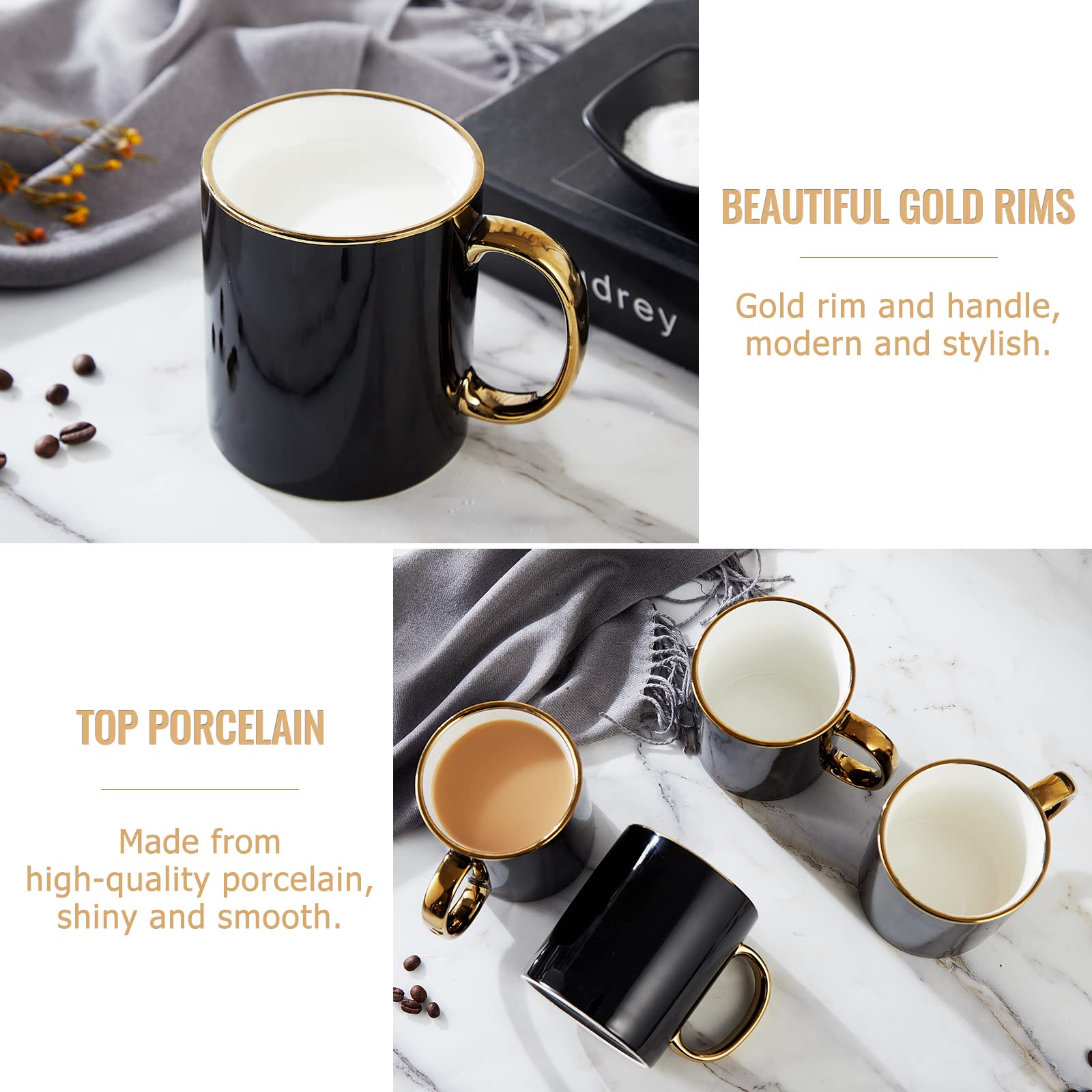 Black Coffee Mug Set of 4(16 oz/475 ml), Modern & Stylish Design with Handcrafted Golden Trims, Black and Gold Cup Set for Coffee/Tea/Milk, Beautiful & Graceful Top Fine Porcelain Cups-Four Lisle