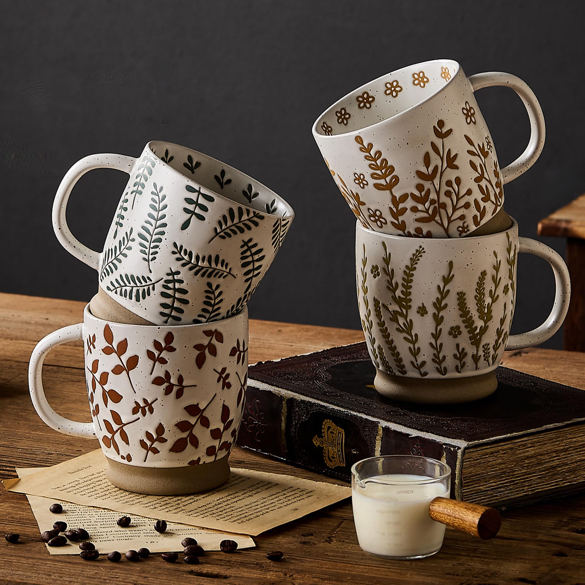 18oz Rustic Handmade China Mugs Set of 4, Ceramic Coffee Cups with Handle, Microwave Safe Espresso & Cappuccino Mugs, Portable Ceramic Travel Mugs for Women-Four Lisle