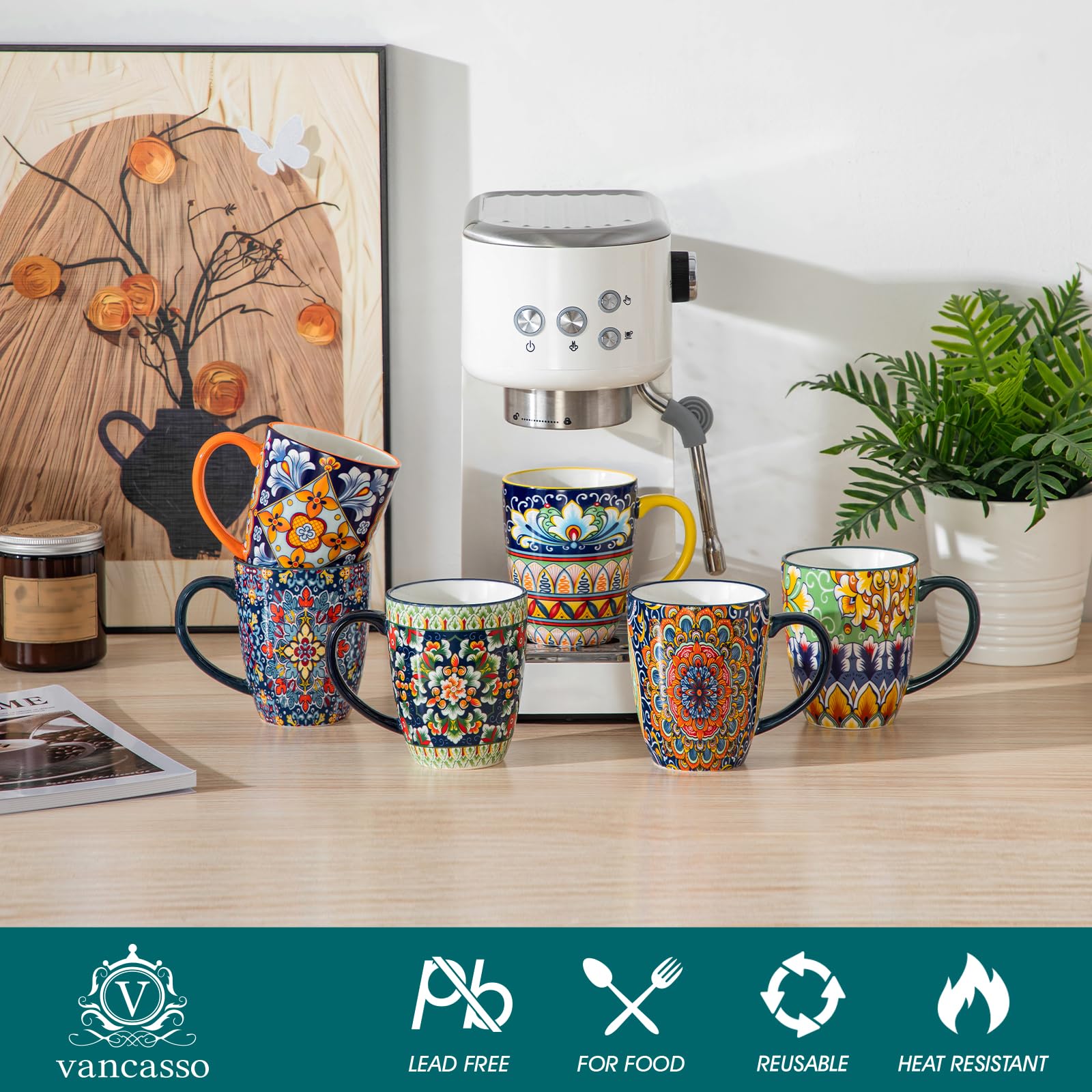 SIMI 12oz/360ml Porcelain Mugs Set of 6, Bohemian Style Coffee Mug-Four Lisle