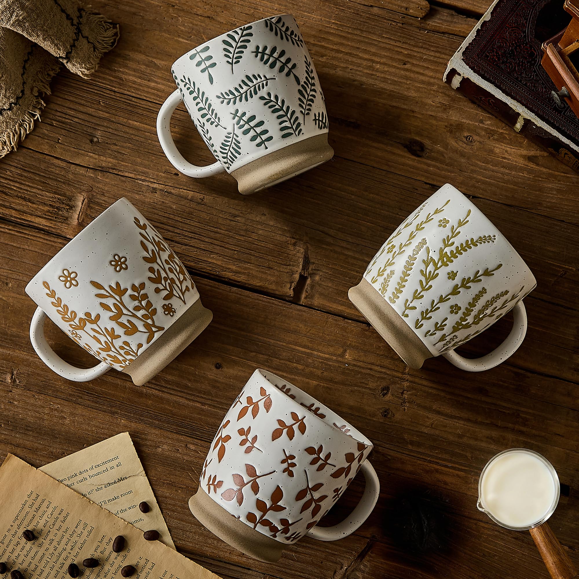 18oz Rustic Handmade China Mugs Set of 4, Ceramic Coffee Cups with Handle, Microwave Safe Espresso & Cappuccino Mugs, Portable Ceramic Travel Mugs for Women-Four Lisle