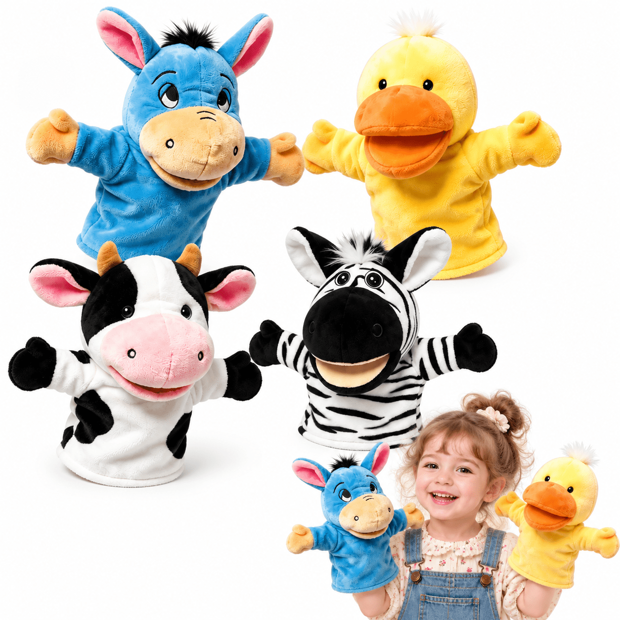4 Pcs Plush Hand Puppet Set (Blue Donkey + Cow + Yellow Duck + Zebra), The Puppet Type Perfect for Storytelling, Teaching, Preschool, Birthday Gifts